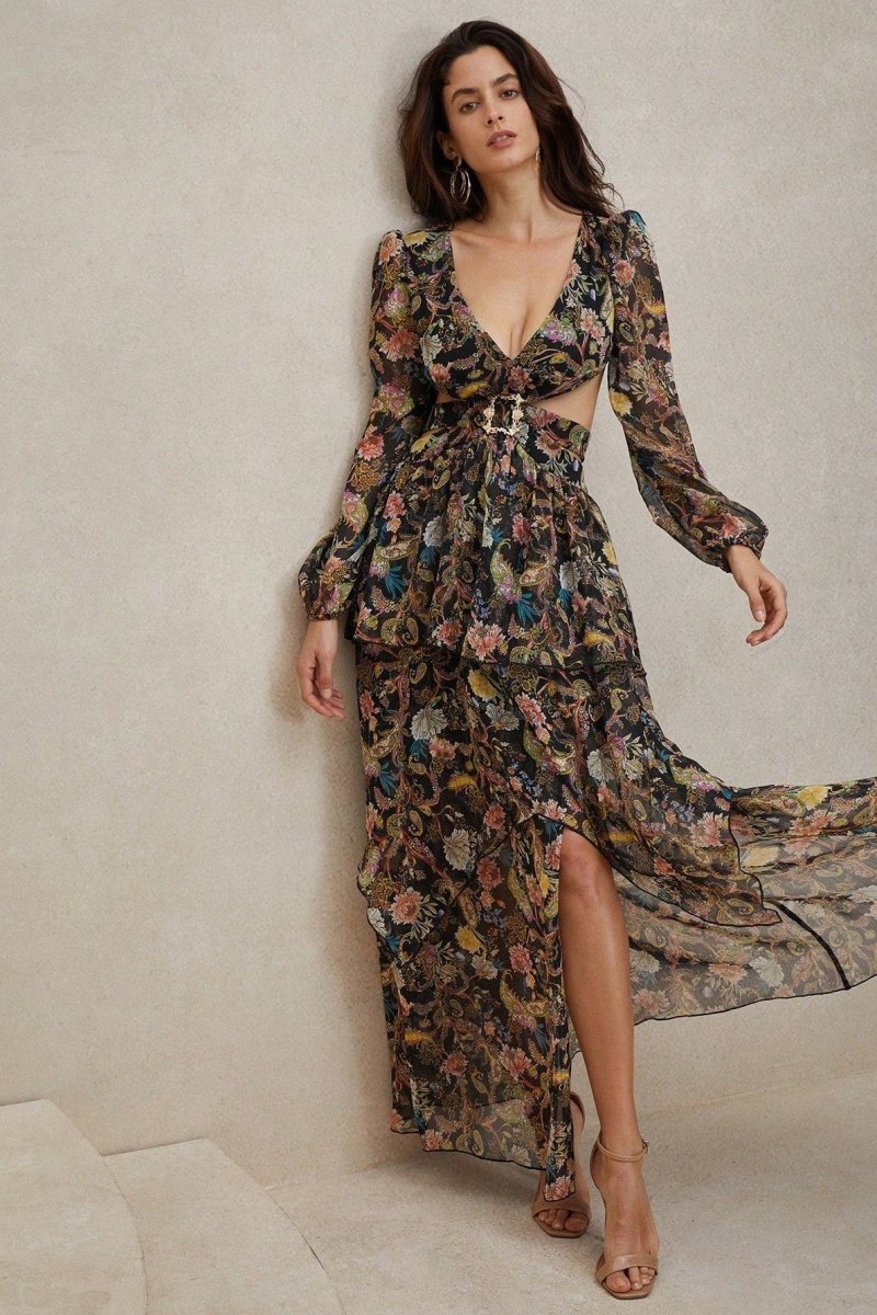 Griselda Printed Cut-out Chiffon Maxi Dress
