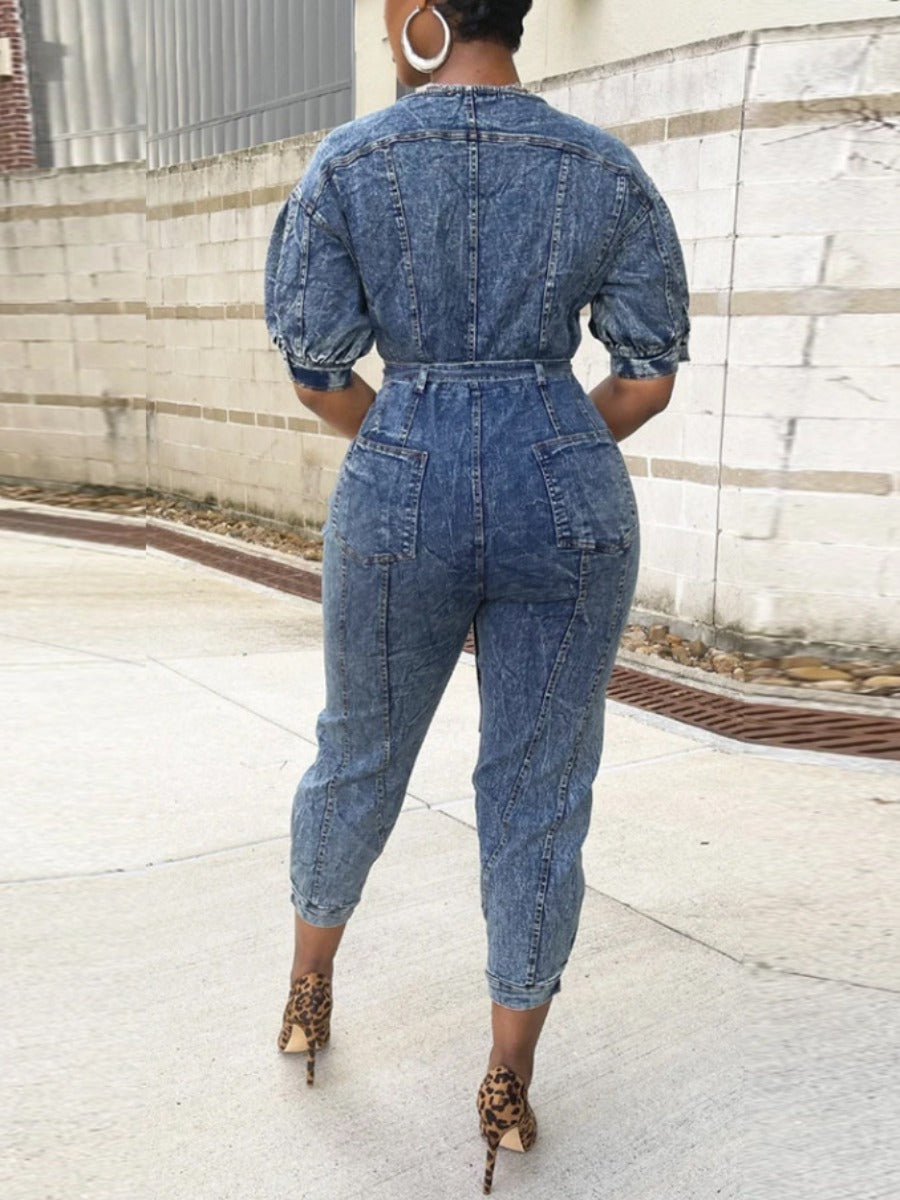 Zipper Bandage Design Denim Jumpsuit At9058