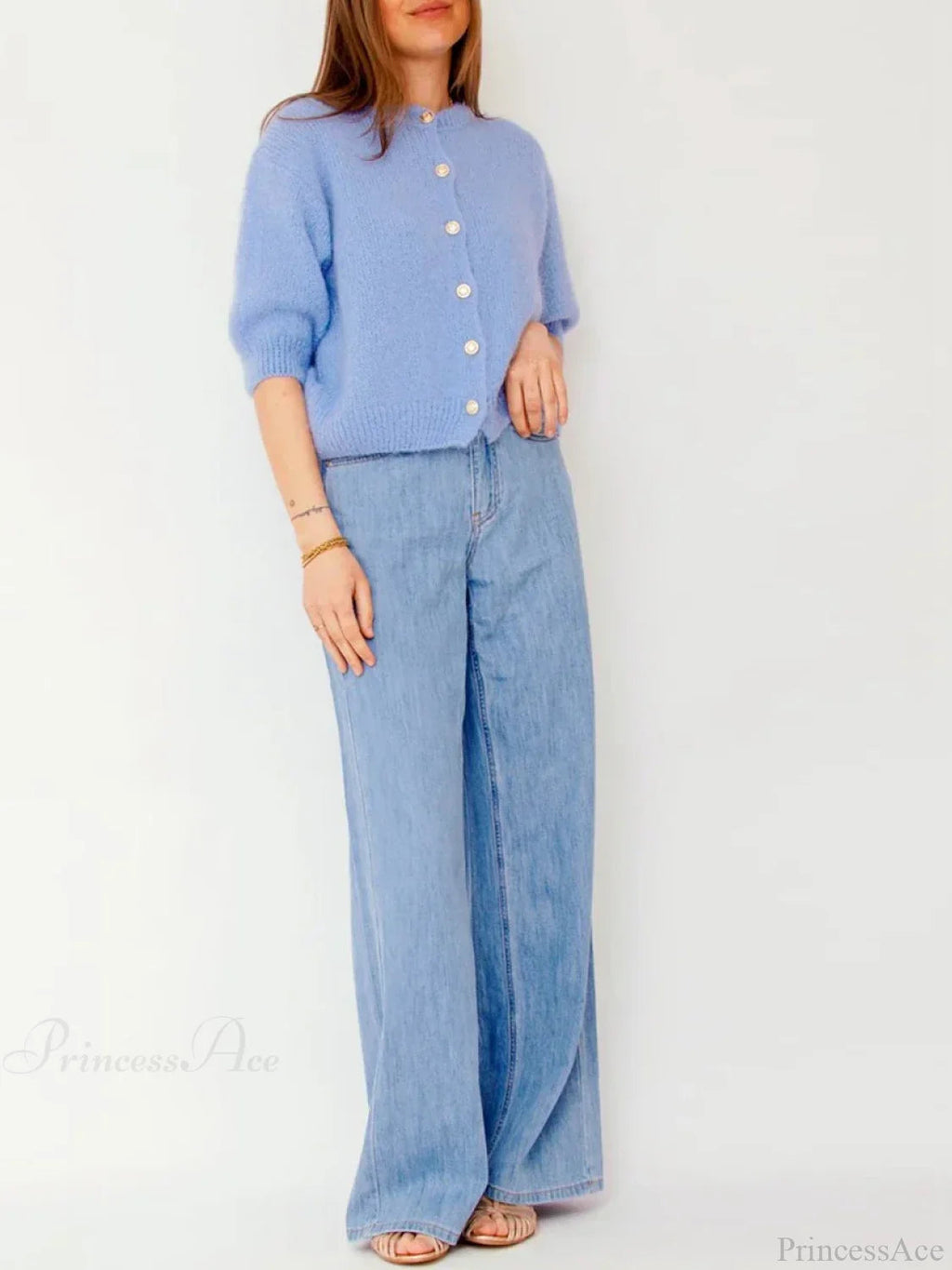 Half Sleeve O Neck Button-up Knit Cardigan