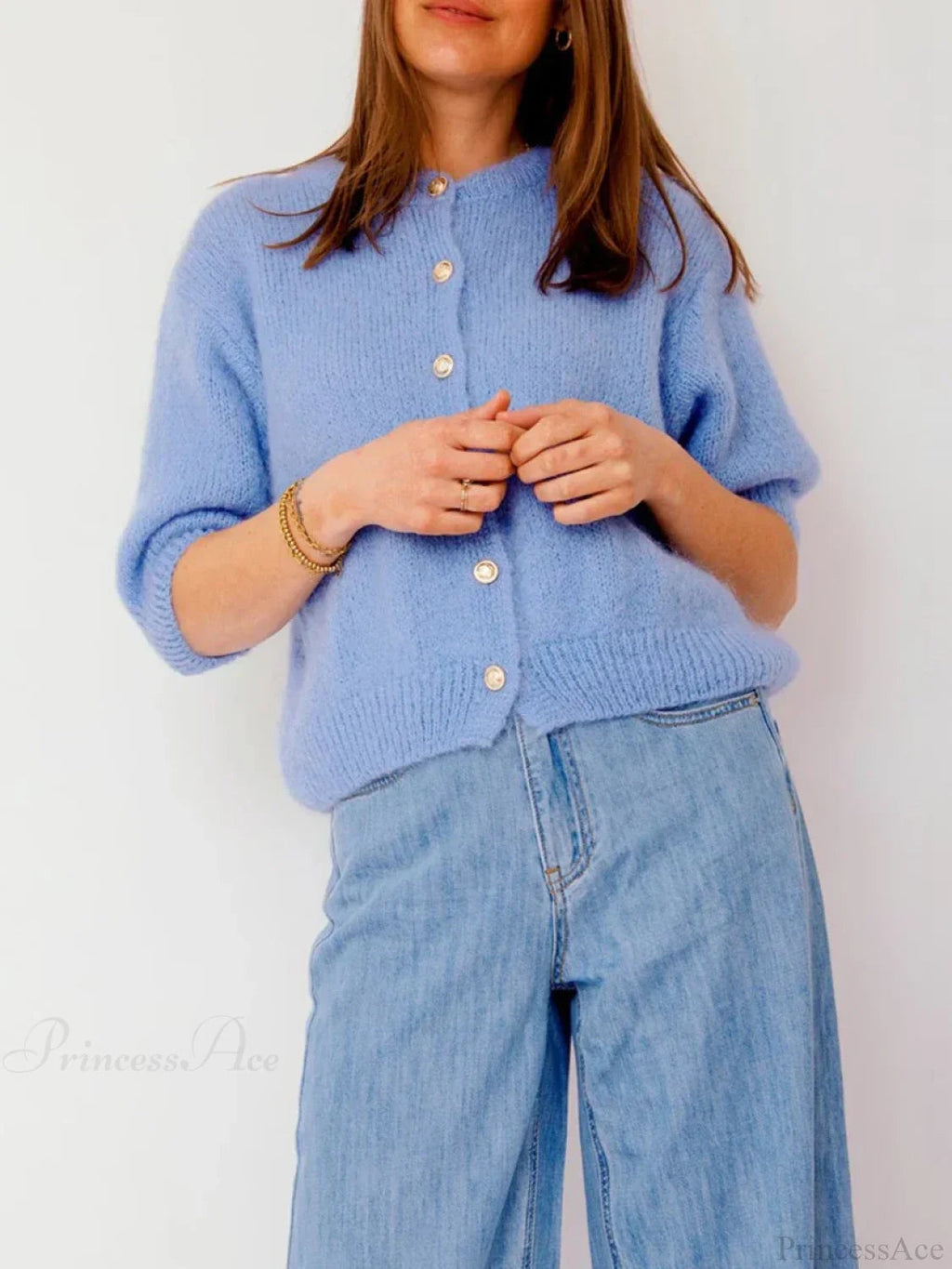 Half Sleeve O Neck Button-up Knit Cardigan