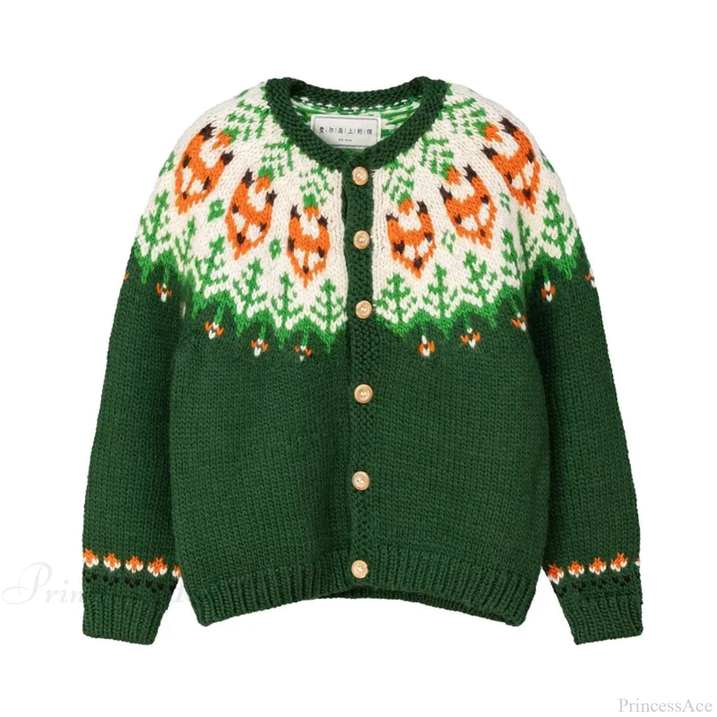 Handmade Thick Warm Fair Isle Nordic Green Cardigans Christmas Sweater