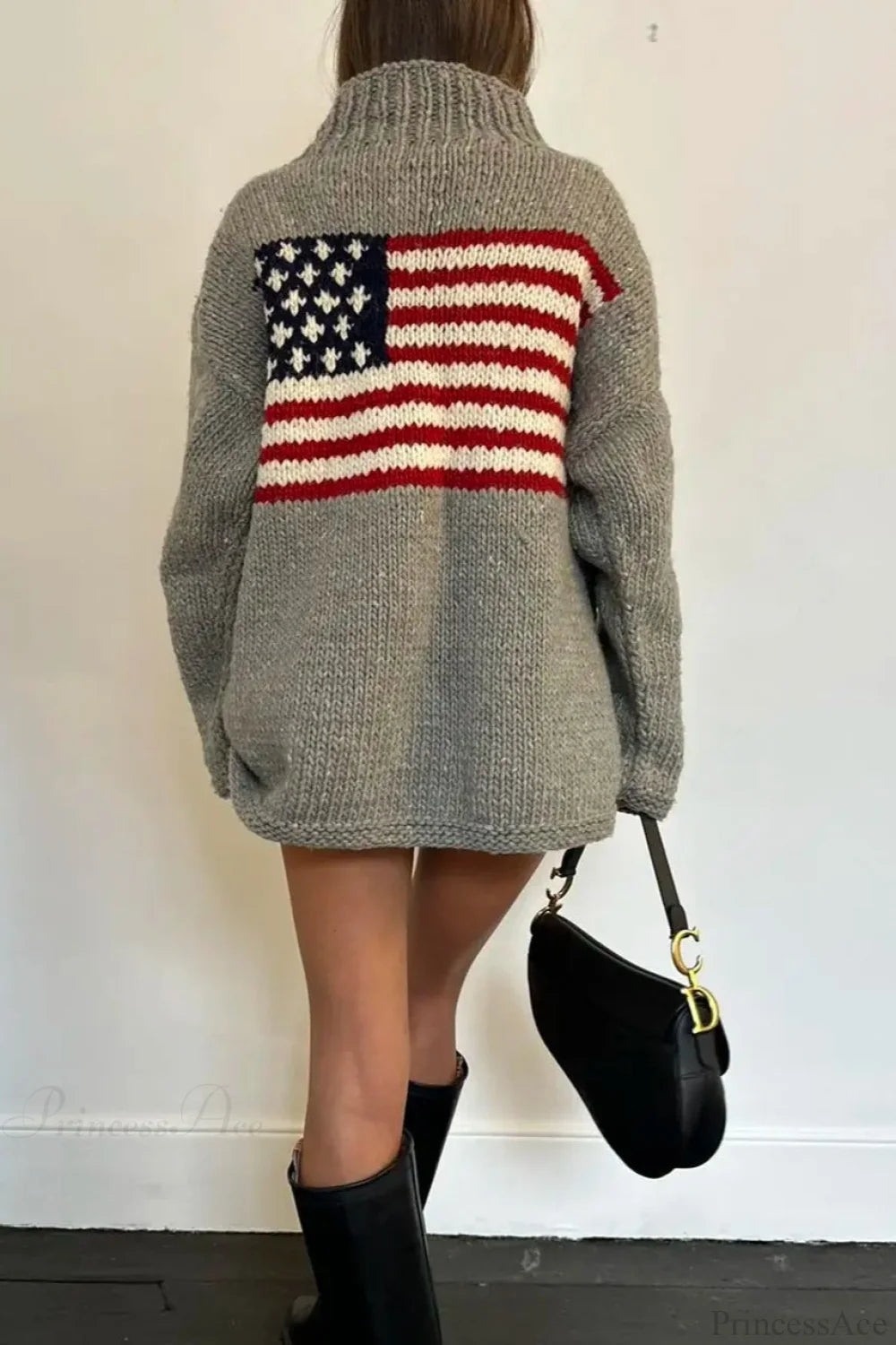 Harajuku Retro Us Flag High Neck Sweater