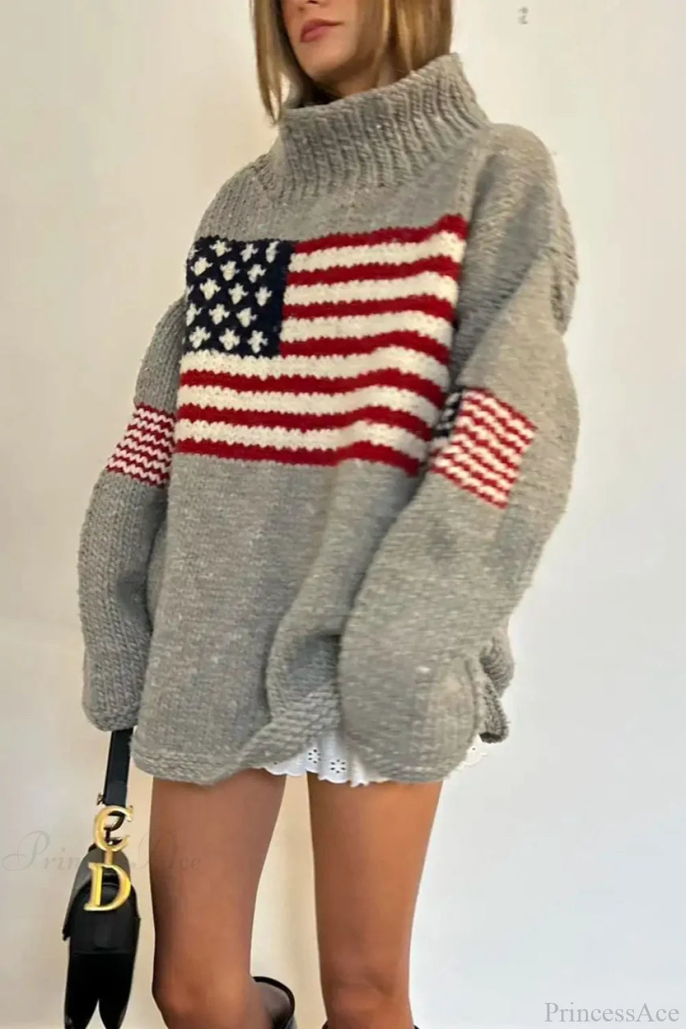 Harajuku Retro Us Flag High Neck Sweater