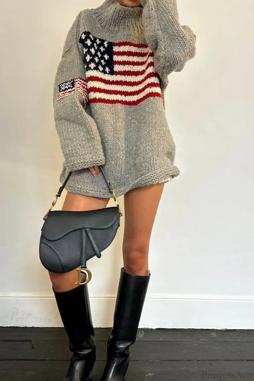 Harajuku Retro Us Flag High Neck Sweater