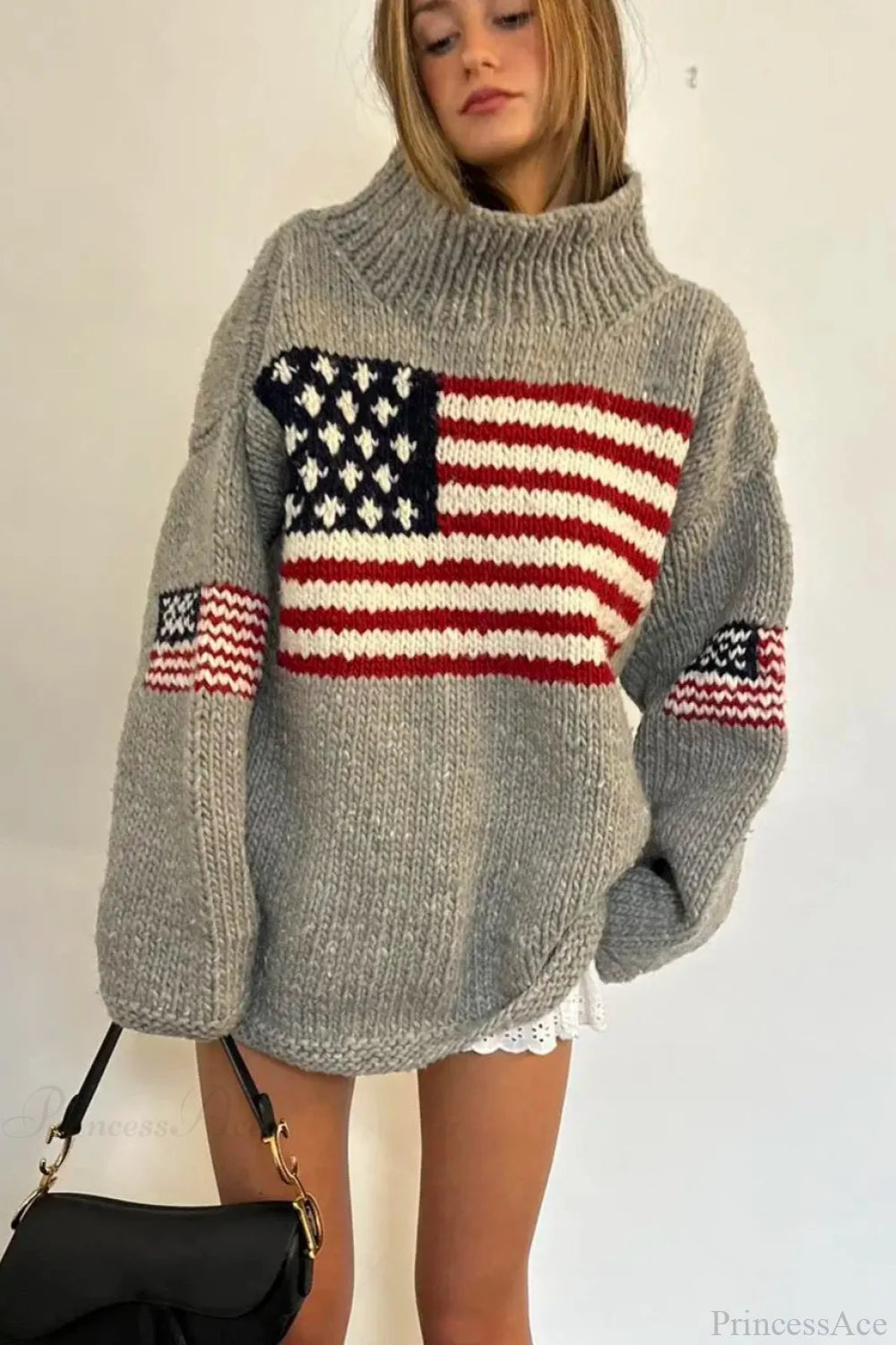 Harajuku Retro Us Flag High Neck Sweater