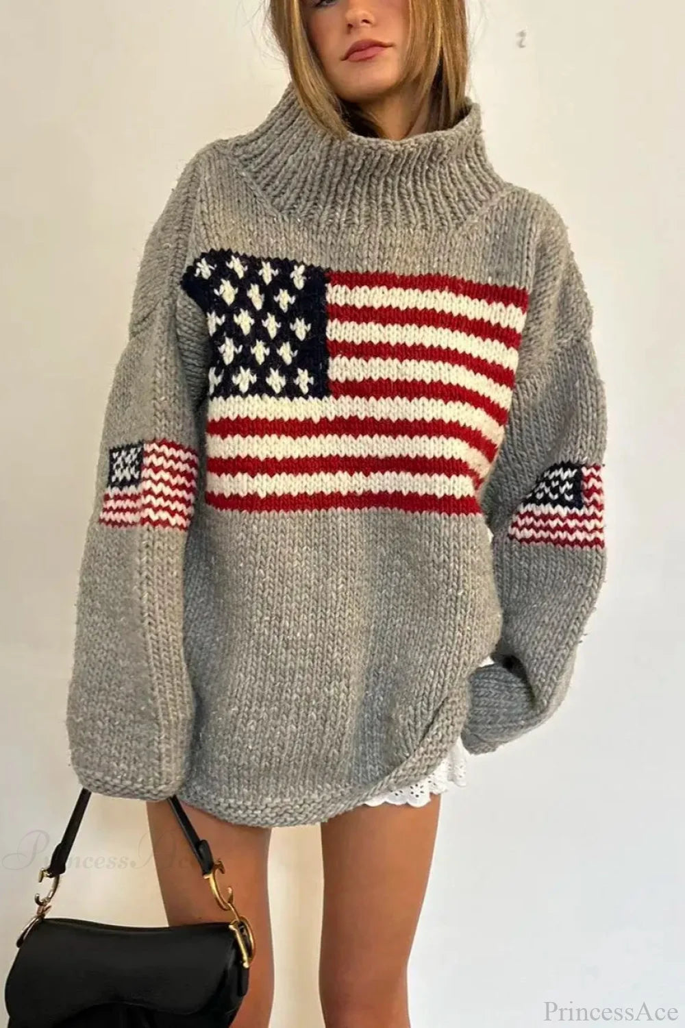 Harajuku Retro Us Flag High Neck Sweater