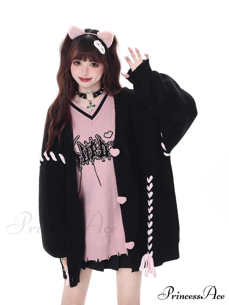 Heart Buttons Ribbion Charming Lace Up Cardigan