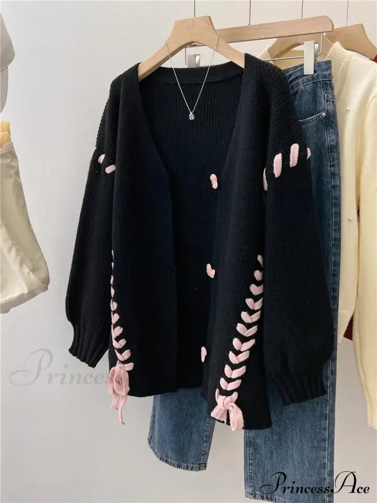 Heart Buttons Ribbion Charming Lace Up Cardigan