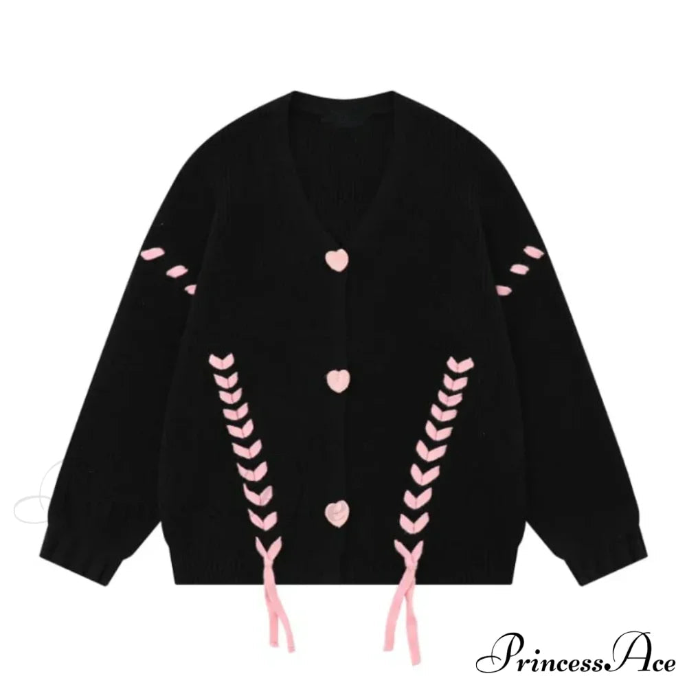 Heart Buttons Ribbion Charming Lace Up Cardigan