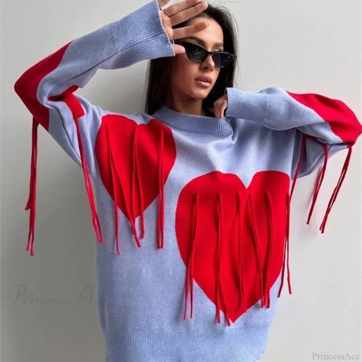 Heart Print O-neck Long Sleeve Sweater
