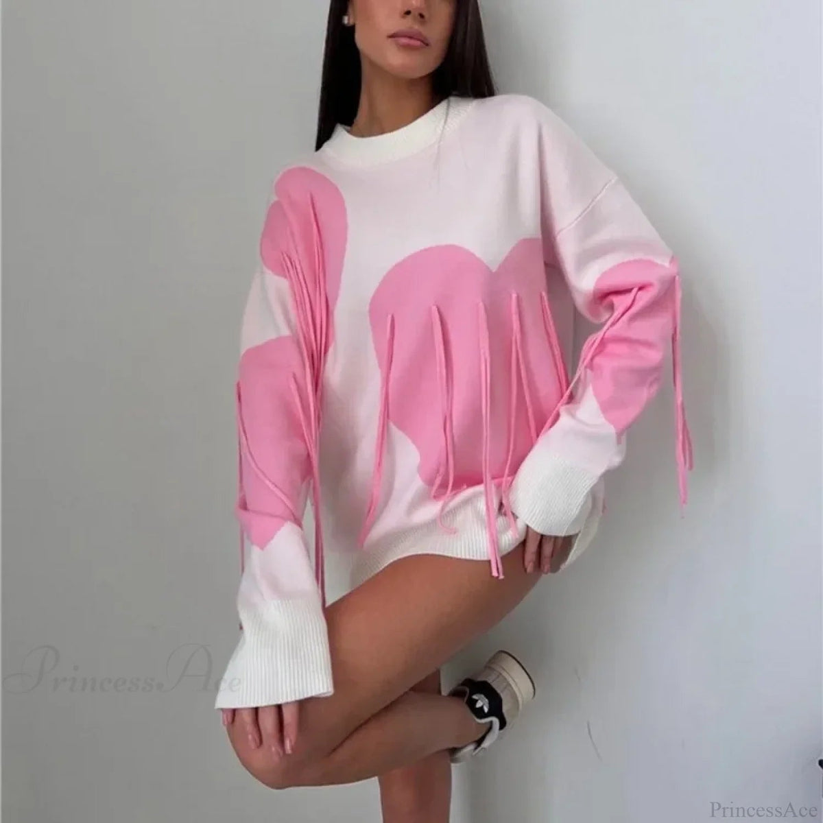 Heart Print O-neck Long Sleeve Sweater