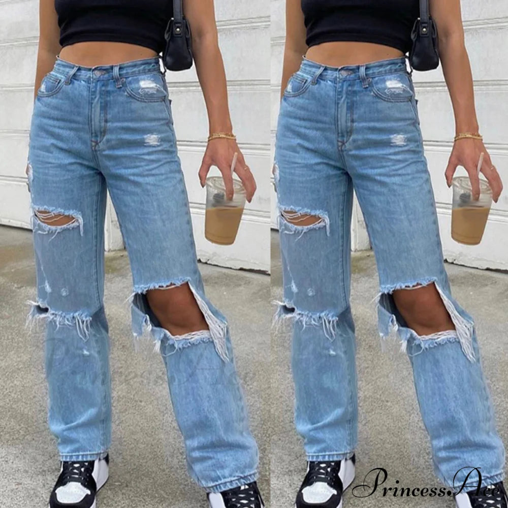 High Straight Leg Baggy Waist Pants High Jeans Ripped Boyfriend Trousers