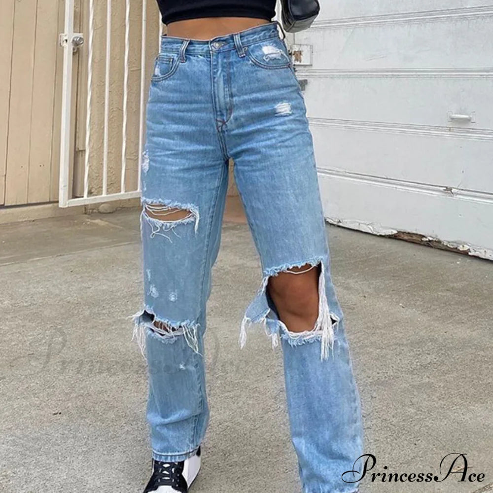 High Straight Leg Baggy Waist Pants High Jeans Ripped Boyfriend Trousers