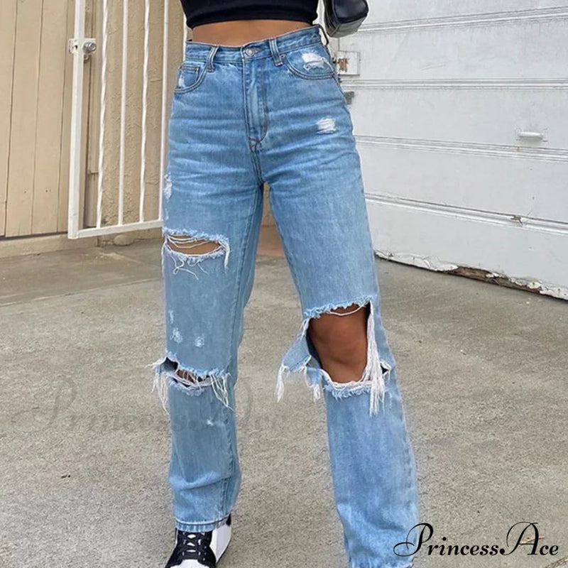 High Straight Leg Baggy Waist Pants High Jeans Ripped Boyfriend Trousers
