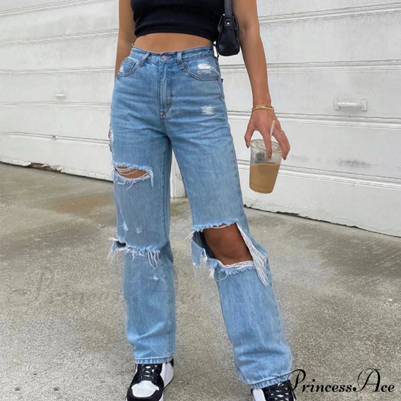 High Straight Leg Baggy Waist Pants High Jeans Ripped Boyfriend Trousers