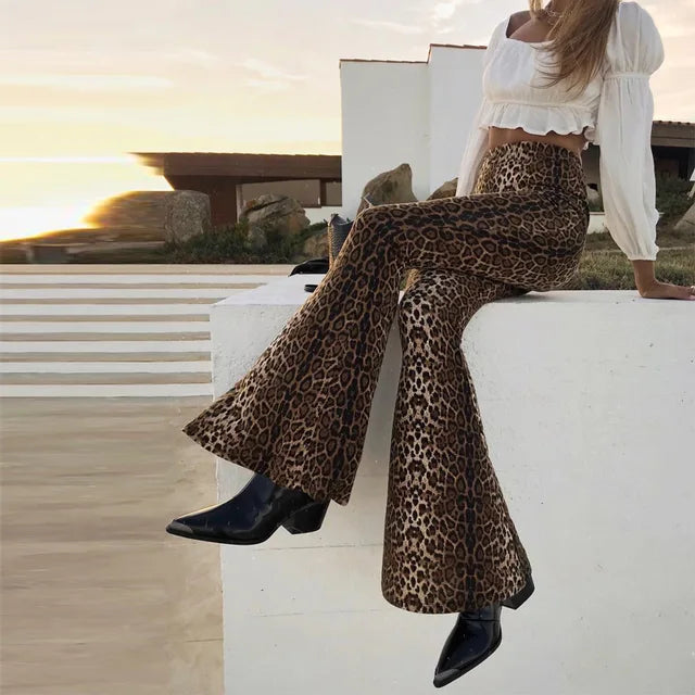 High Waist Leopard Print Flare Leggings Autumn Winter Bodycon Trousers Club Pants