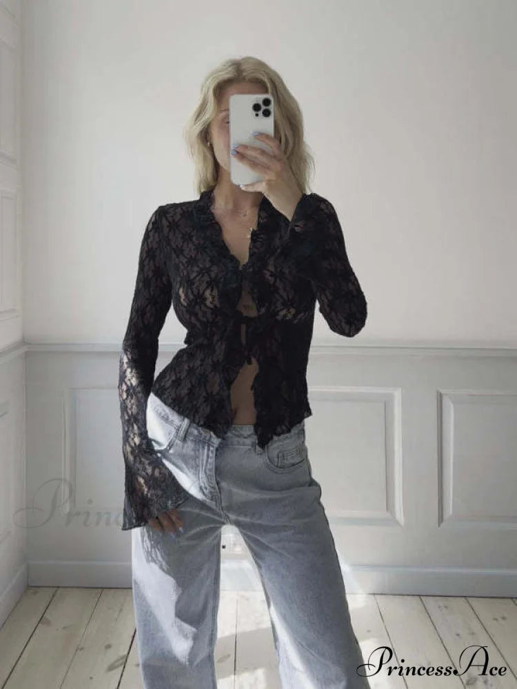 Hollow Fashionable See-through Mesh Long-sleeved Lace Top/cardigan/blouse