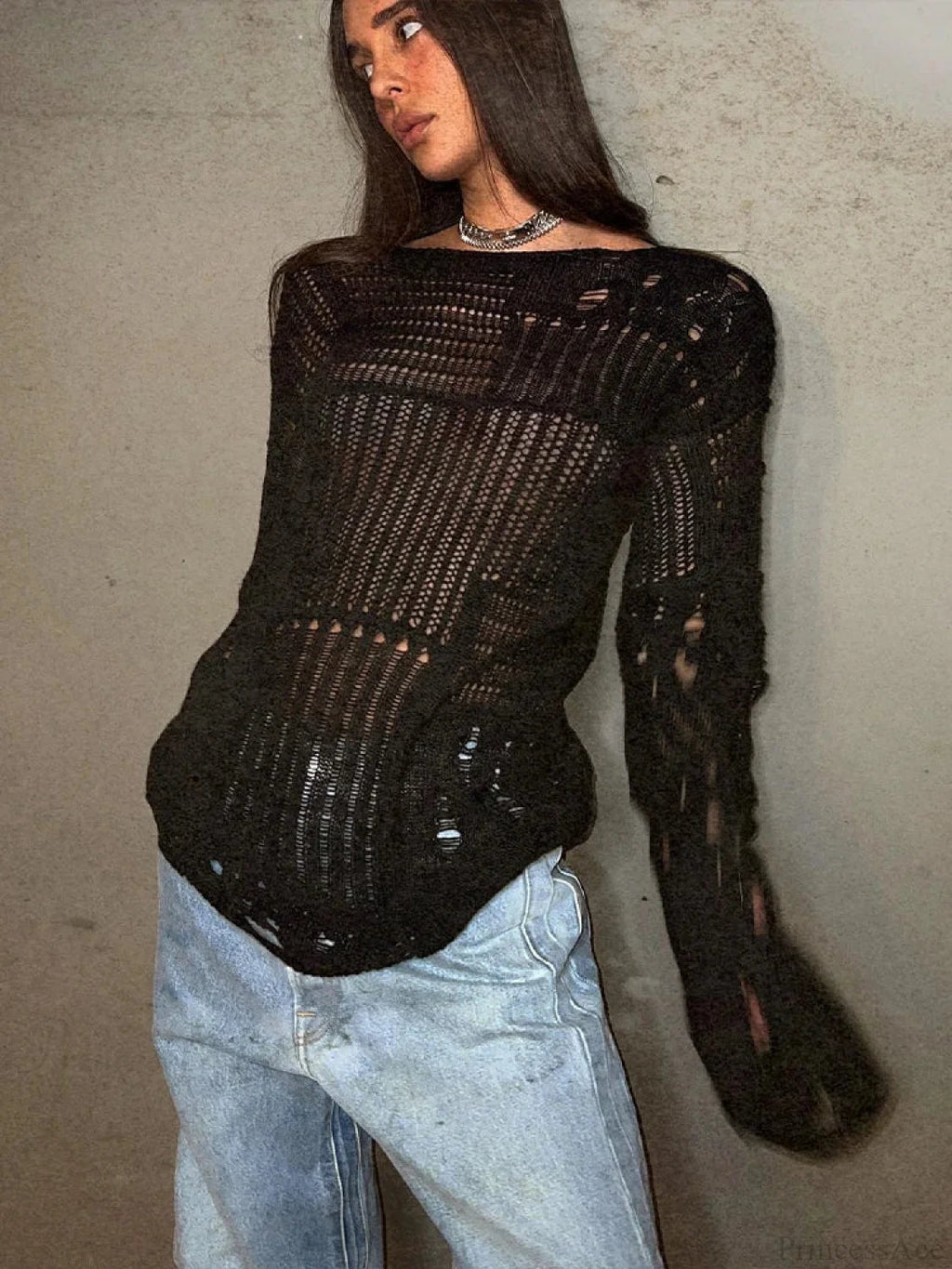 Hollow Out Loose O-neck Long Sleeve Knitted Pullover Sweater