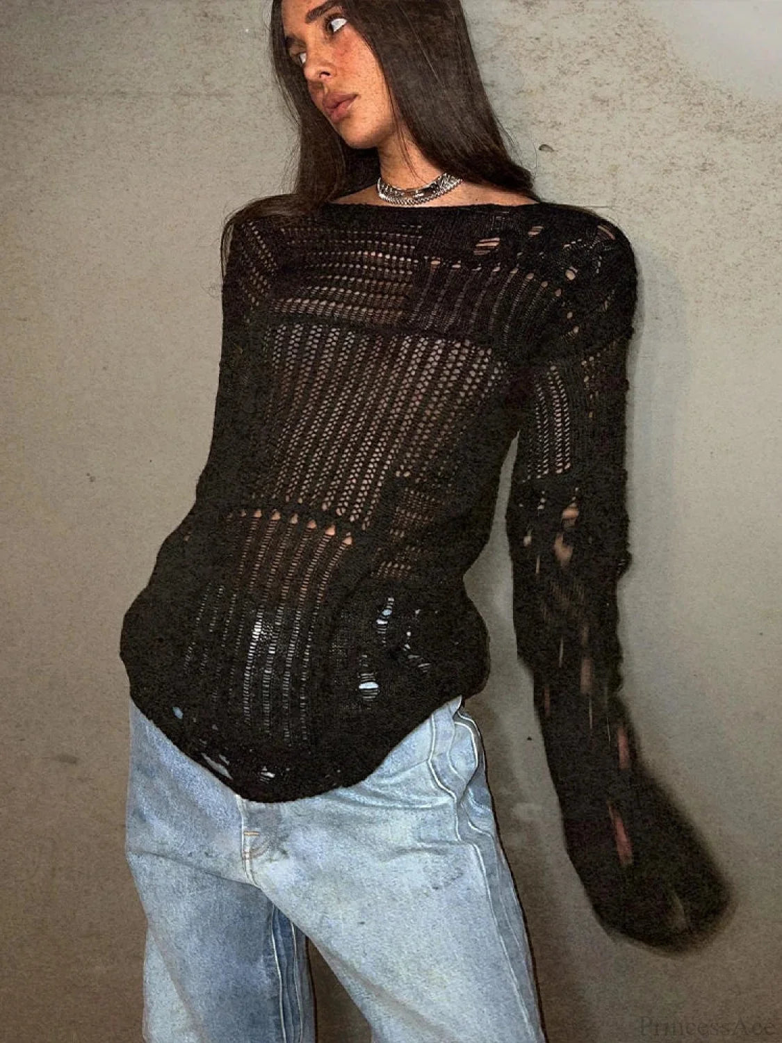 Hollow Out Loose O-neck Long Sleeve Knitted Pullover Sweater