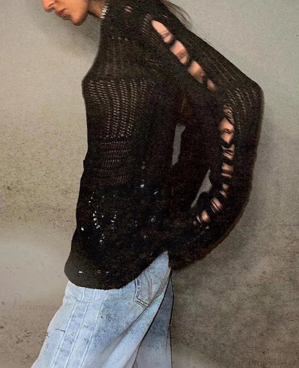 Hollow Out Loose O-neck Long Sleeve Knitted Pullover Sweater