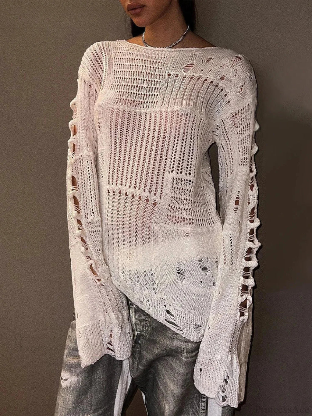 Hollow Out Loose O-neck Long Sleeve Knitted Pullover Sweater