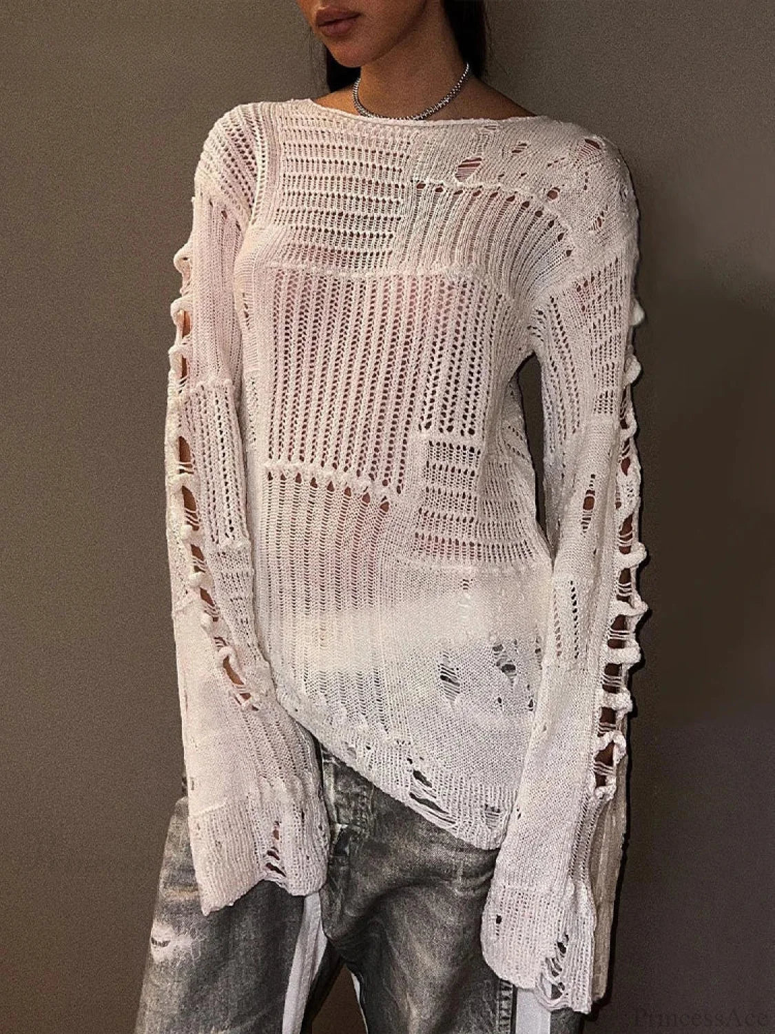 Hollow Out Loose O-neck Long Sleeve Knitted Pullover Sweater