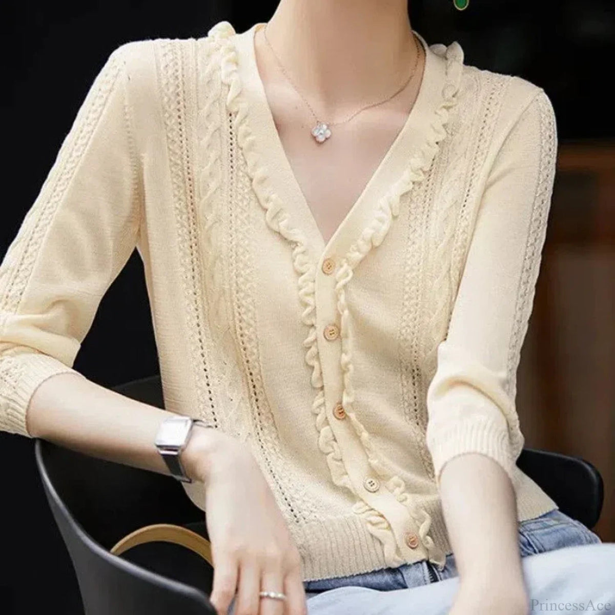 Hollow Out V-neck Button Knit Cardigan