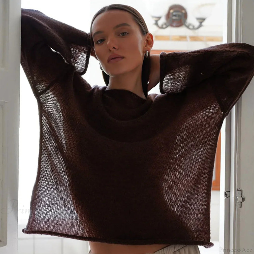 Hollow See-through O-neck Long Sleeve Sweater