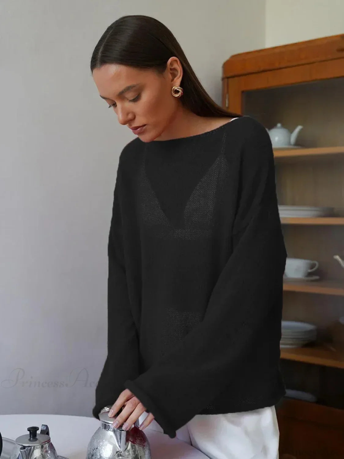 Hollow See-through O-neck Long Sleeve Sweater
