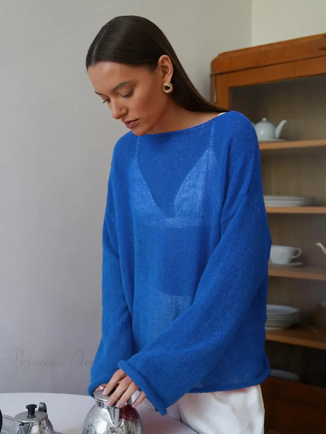 Hollow See-through O-neck Long Sleeve Sweater