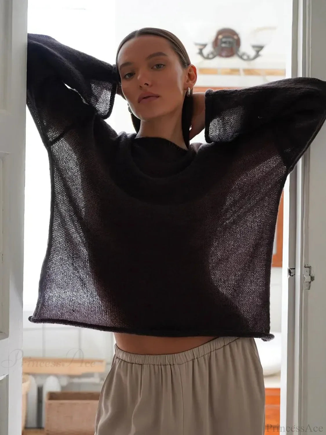 Hollow See-through O-neck Long Sleeve Sweater