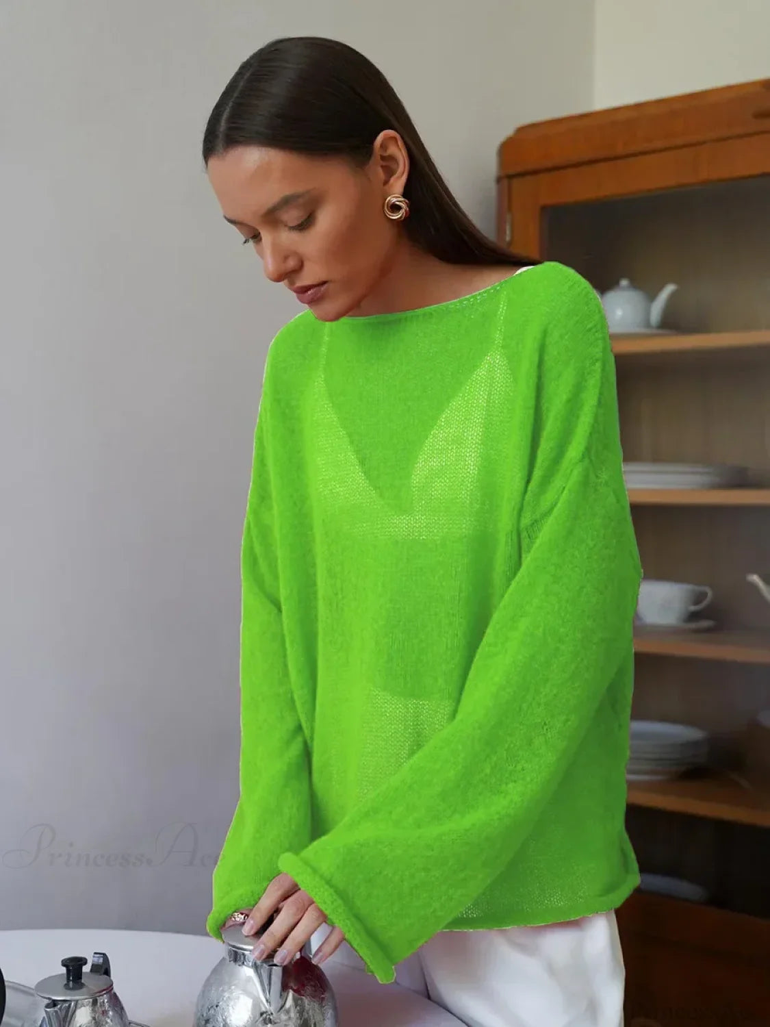 Hollow See-through O-neck Long Sleeve Sweater