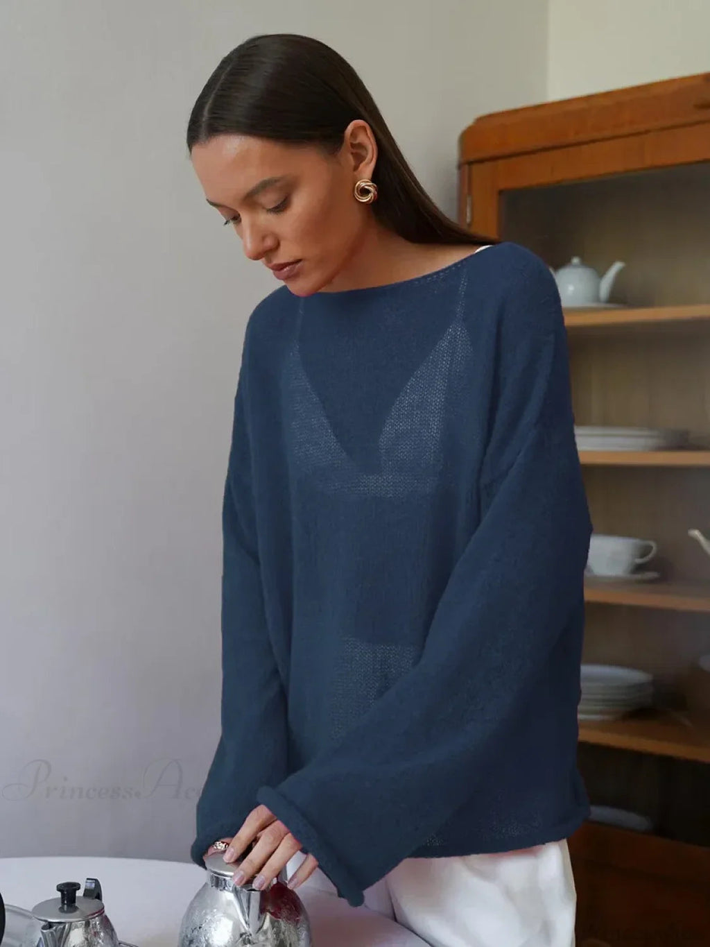 Hollow See-through O-neck Long Sleeve Sweater