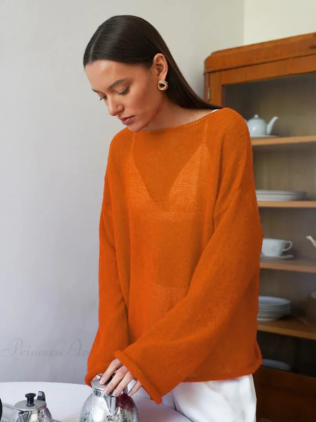 Hollow See-through O-neck Long Sleeve Sweater