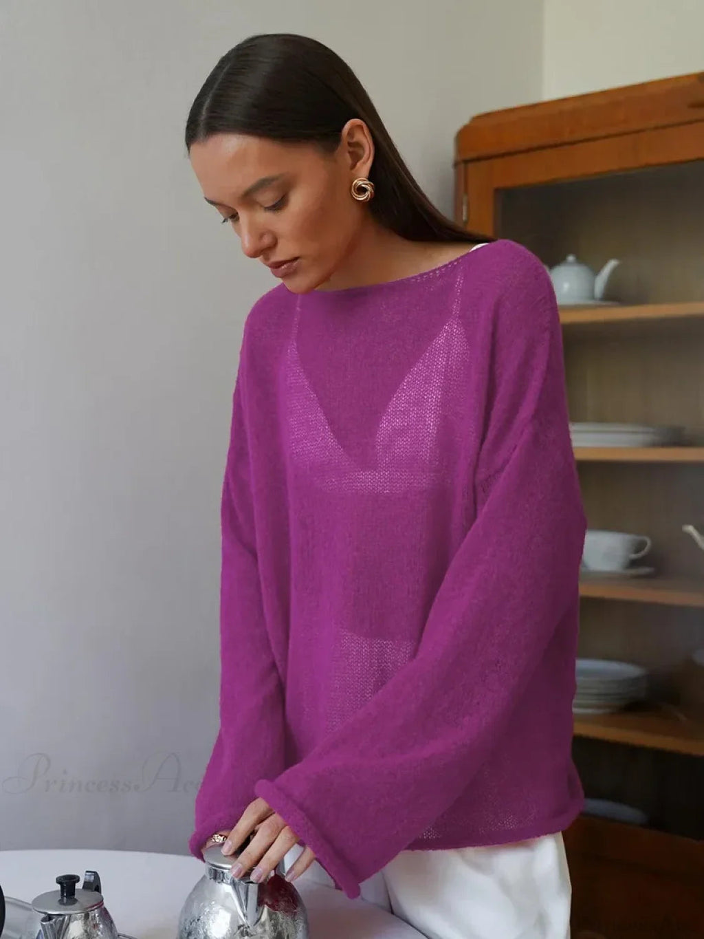 Hollow See-through O-neck Long Sleeve Sweater