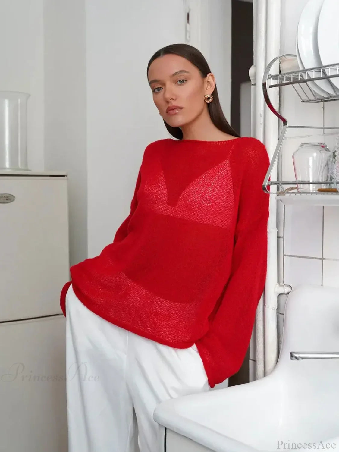 Hollow See-through O-neck Long Sleeve Sweater