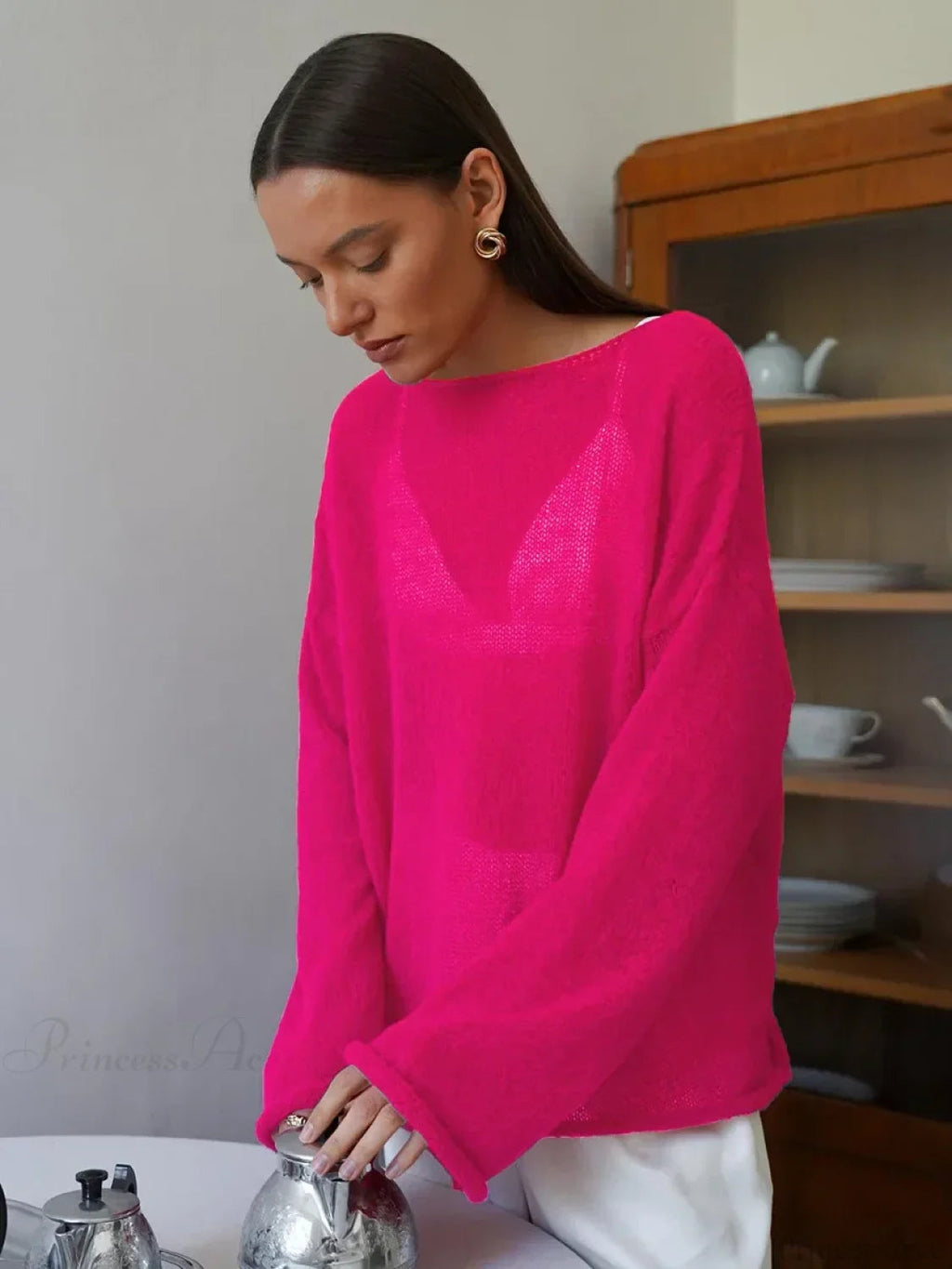 Hollow See-through O-neck Long Sleeve Sweater