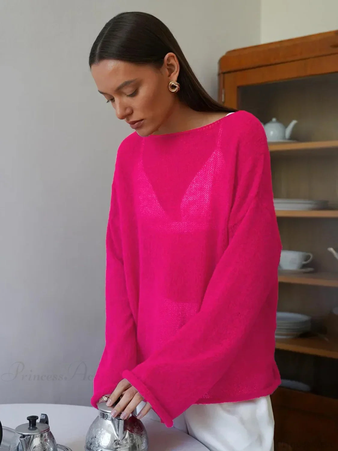 Hollow See-through O-neck Long Sleeve Sweater
