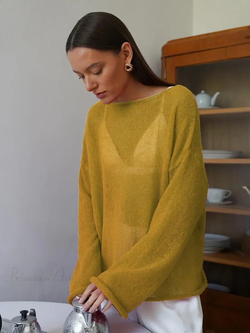 Hollow See-through O-neck Long Sleeve Sweater
