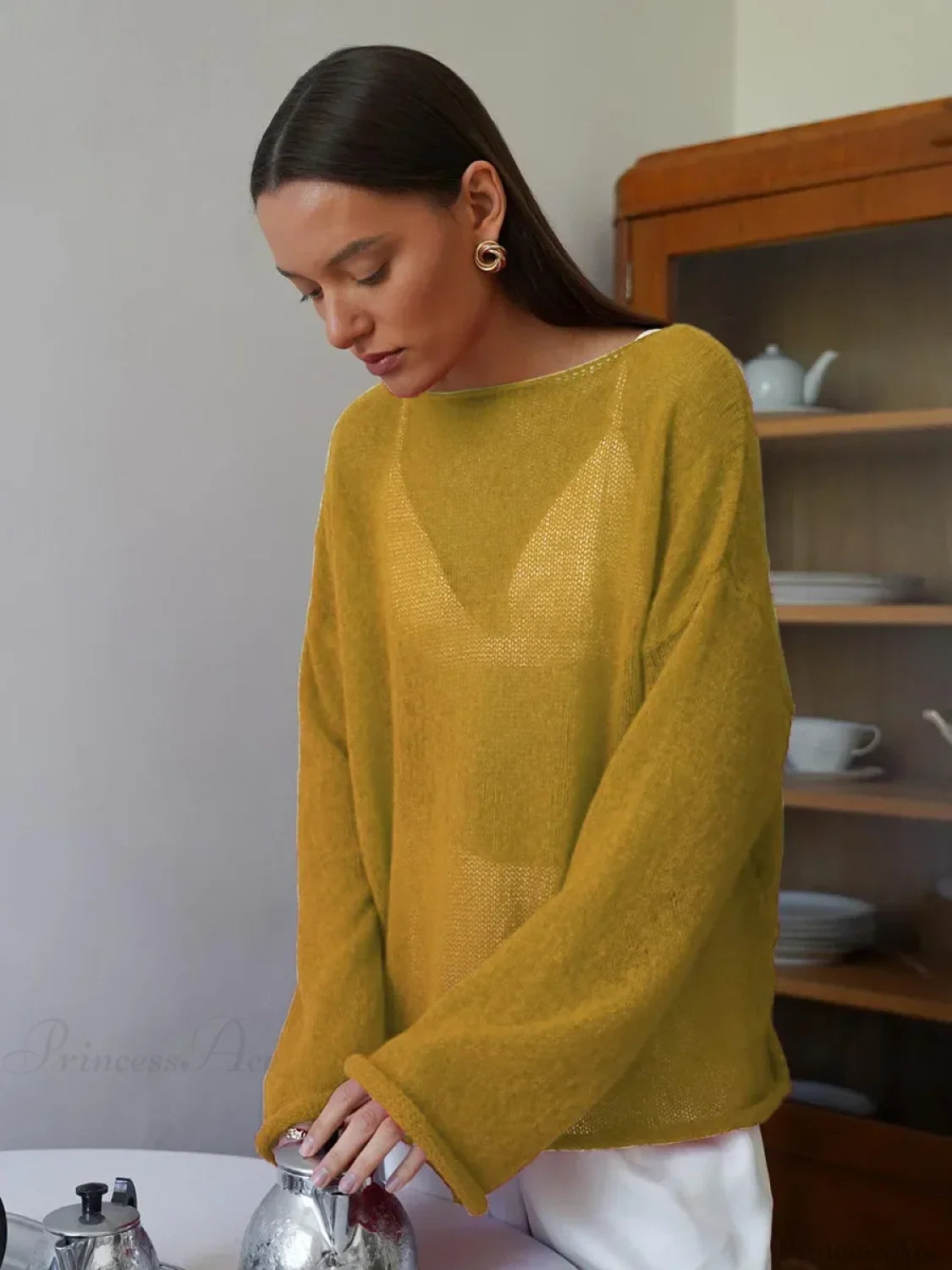 Hollow See-through O-neck Long Sleeve Sweater