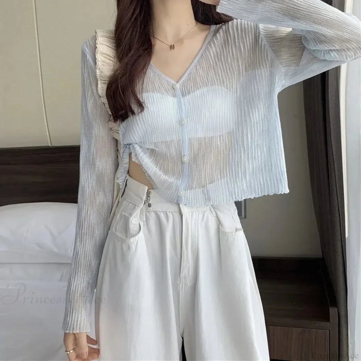 Ice Silk See-through Thin Single Breasted Pink Knit Cardigan