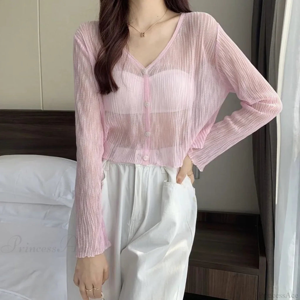 Ice Silk See-through Thin Single Breasted Pink Knit Cardigan