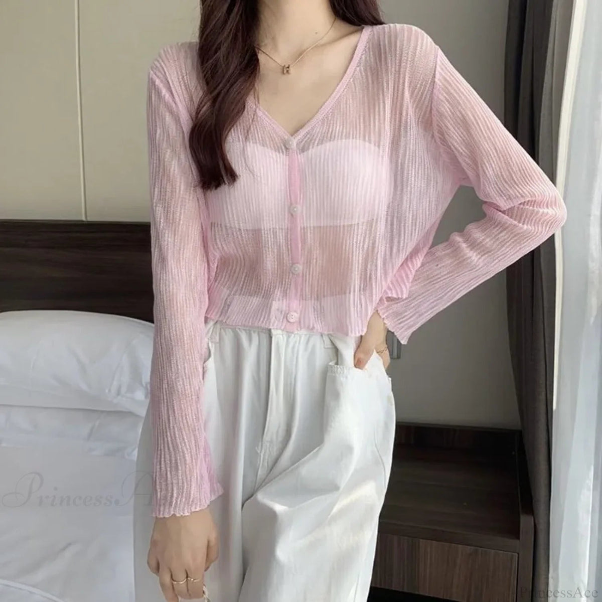 Ice Silk See-through Thin Single Breasted Pink Knit Cardigan
