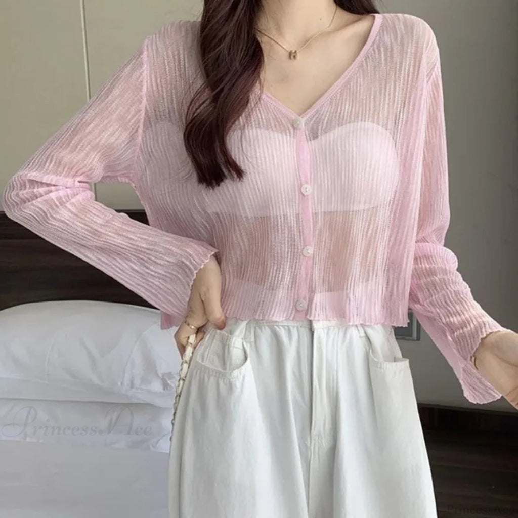 Ice Silk See-through Thin Single Breasted Pink Knit Cardigan