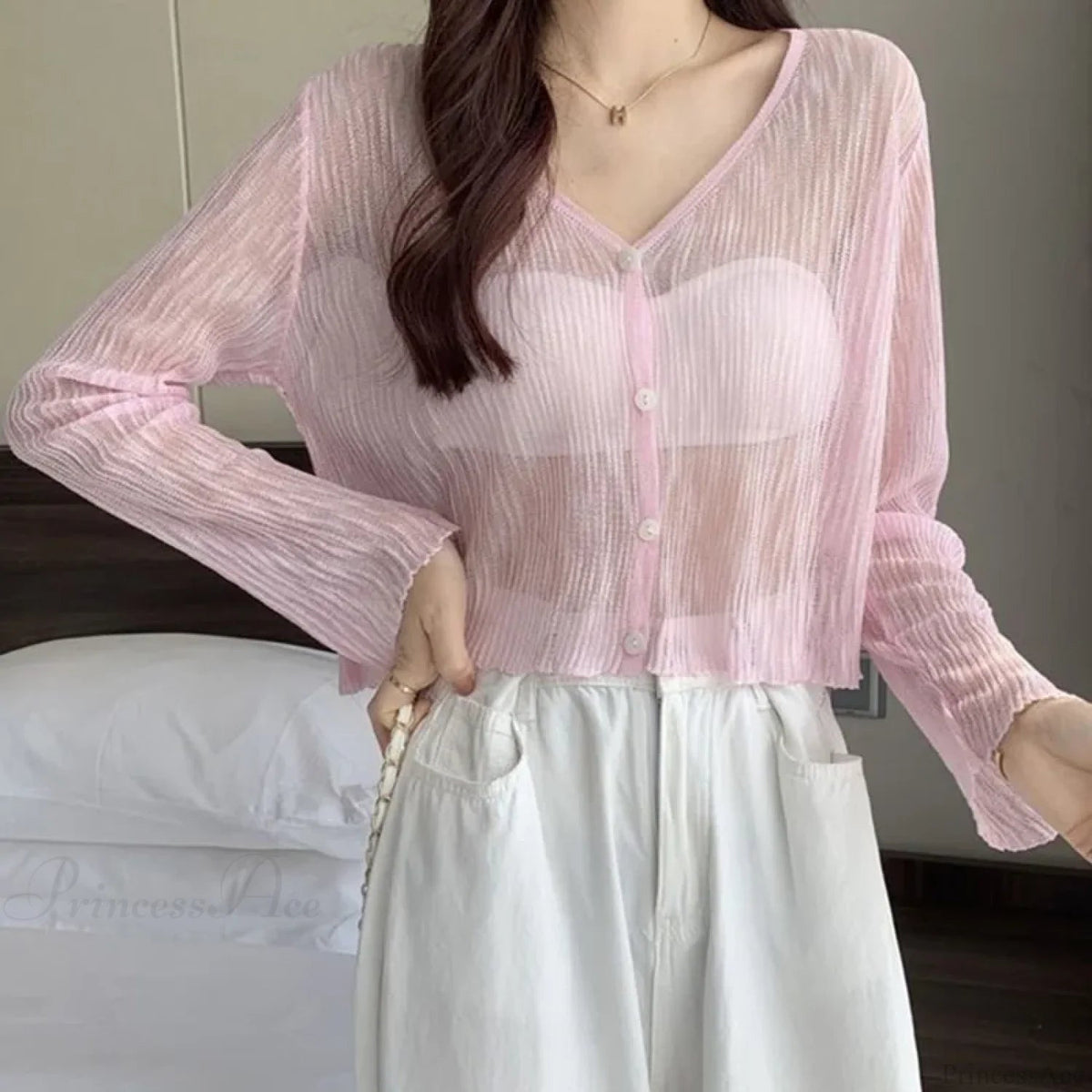 Ice Silk See-through Thin Single Breasted Pink Knit Cardigan