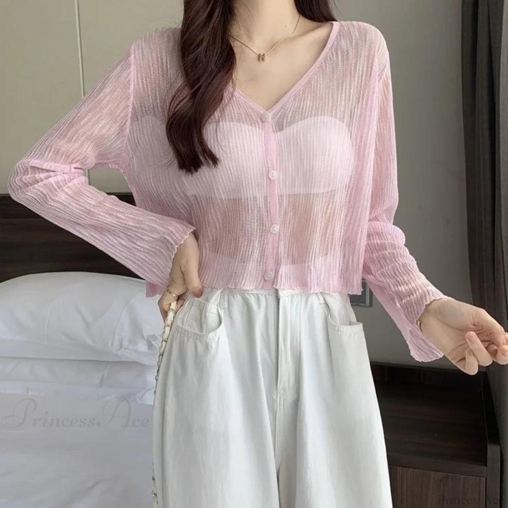 Ice Silk See-through Thin Single Breasted Pink Knit Cardigan