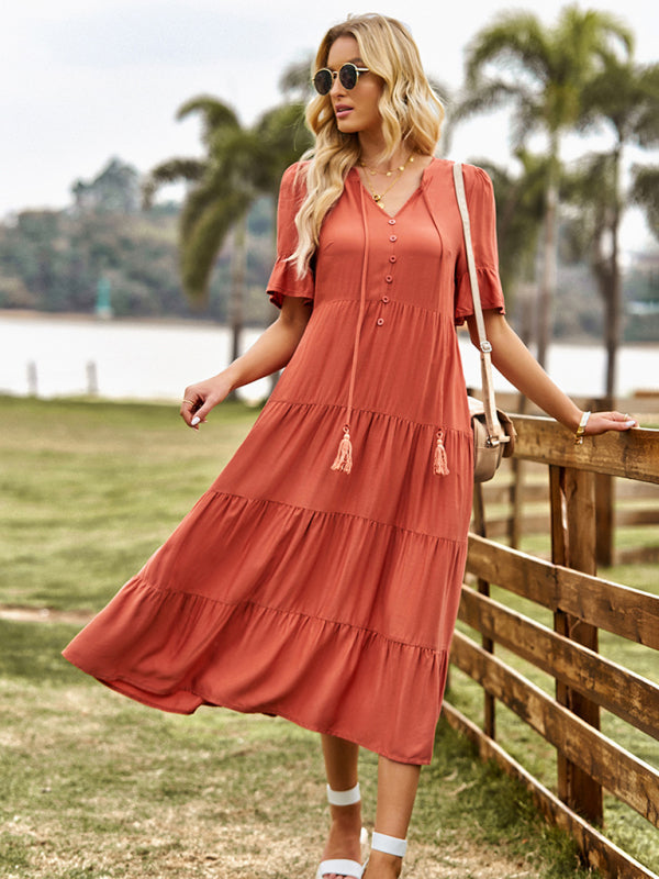Orange Short Sleeve V-neck Ruffled Dress