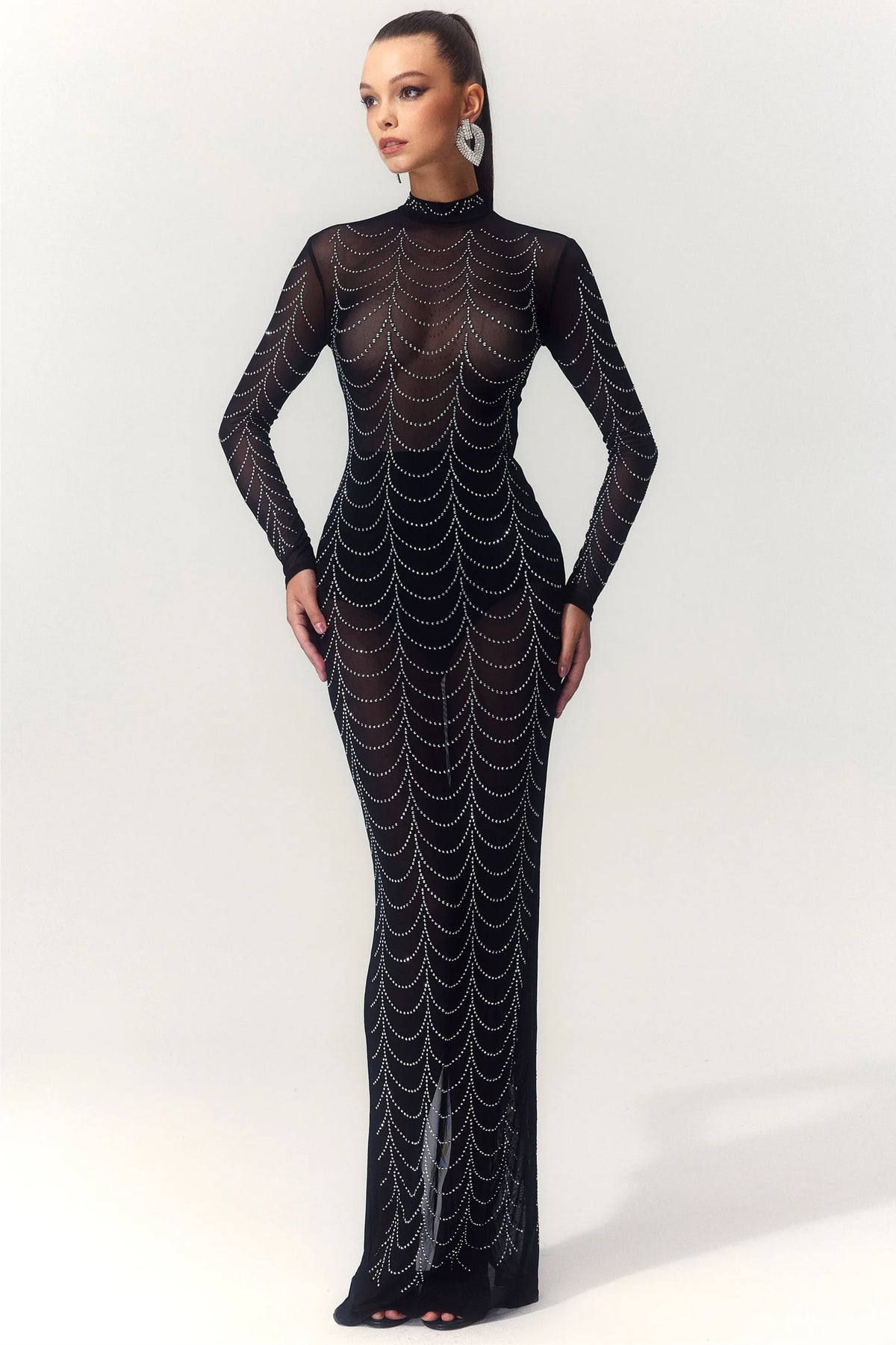 Cornelia Mock Neck Rhinestone Maxi Dress