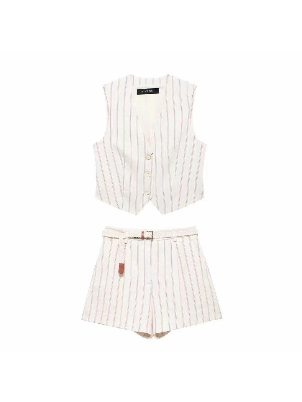 Striped Vest Waist Coat & Shorts With Belt Coord Set