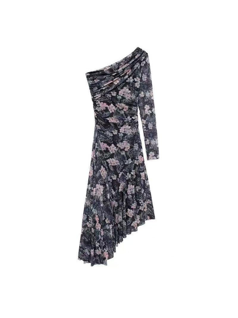 Print One Shoulder Asymmetric Midi Dress